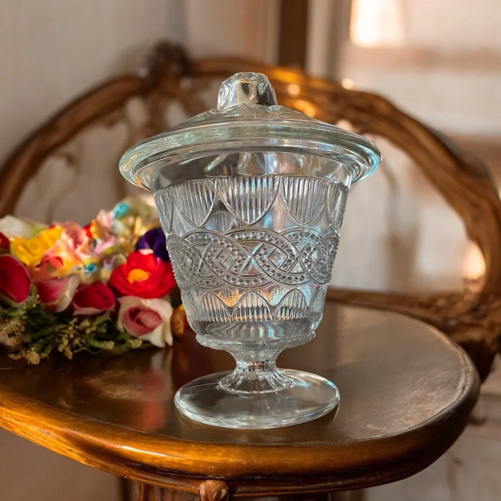 Antique Portland Glass Chain & Shield EAPG Covered Sugar Bowl Candy Dish